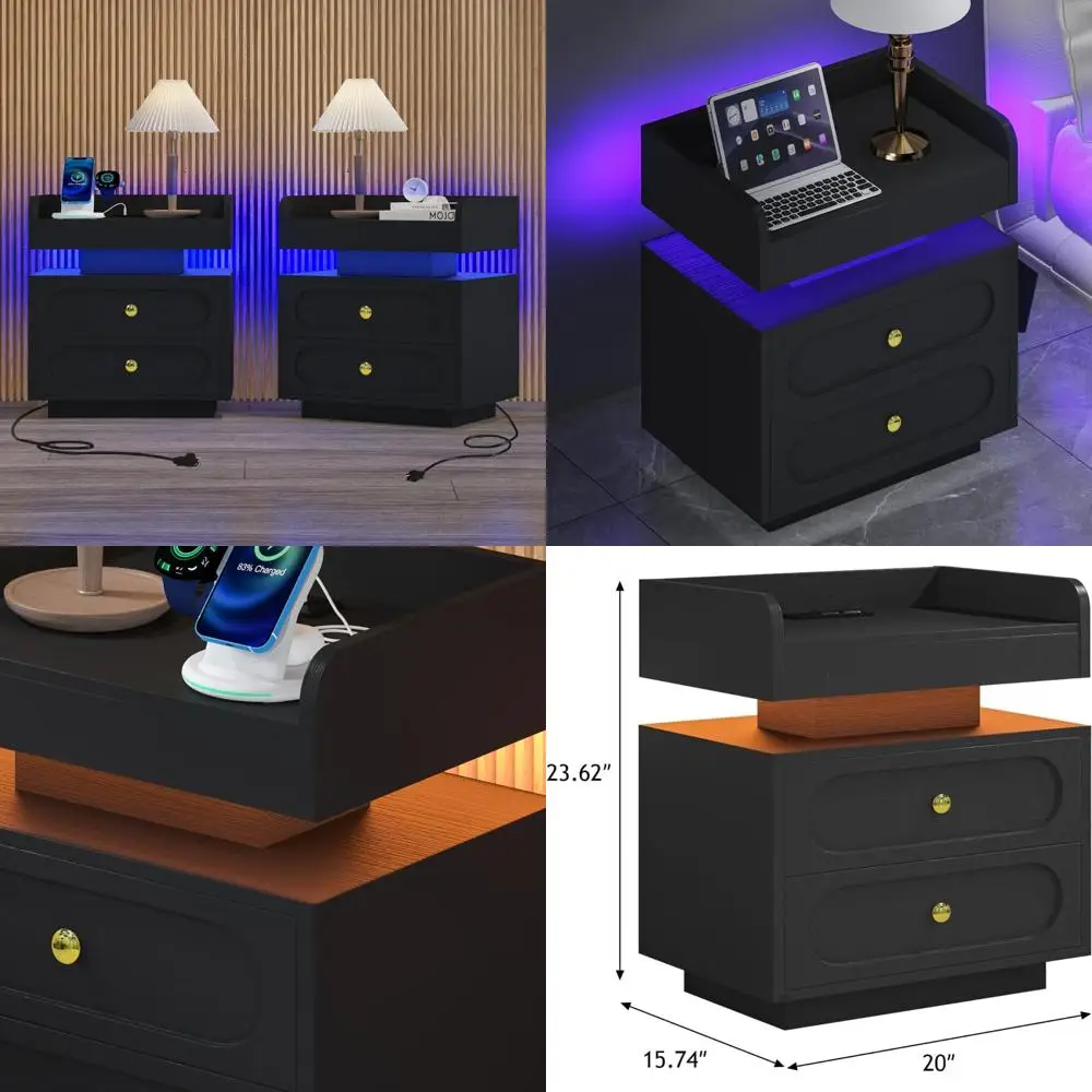 Estación de carga Juego de 2 mesitas de noche con luces LED, mesitas de noche con doble cajón, mesa auxiliar moderna para dormitorio