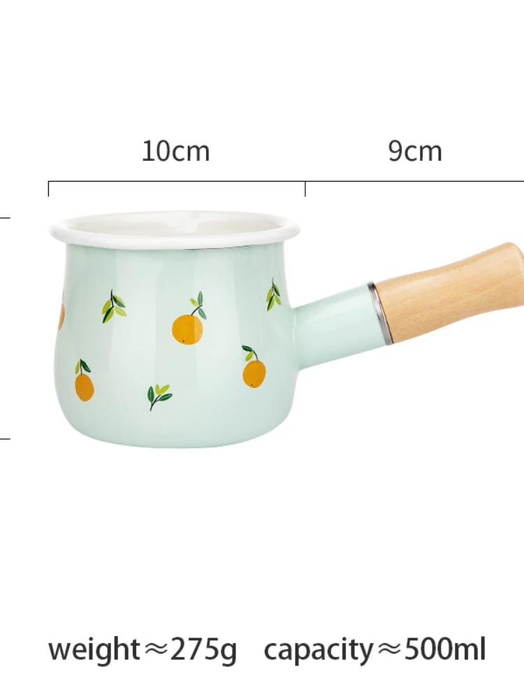 500ml Mini Enamel Coffee Milk Pot with Wooden Handle Saucepan Cookware for Baby BreakfastGas Stove Induction Oatmeal Cooking