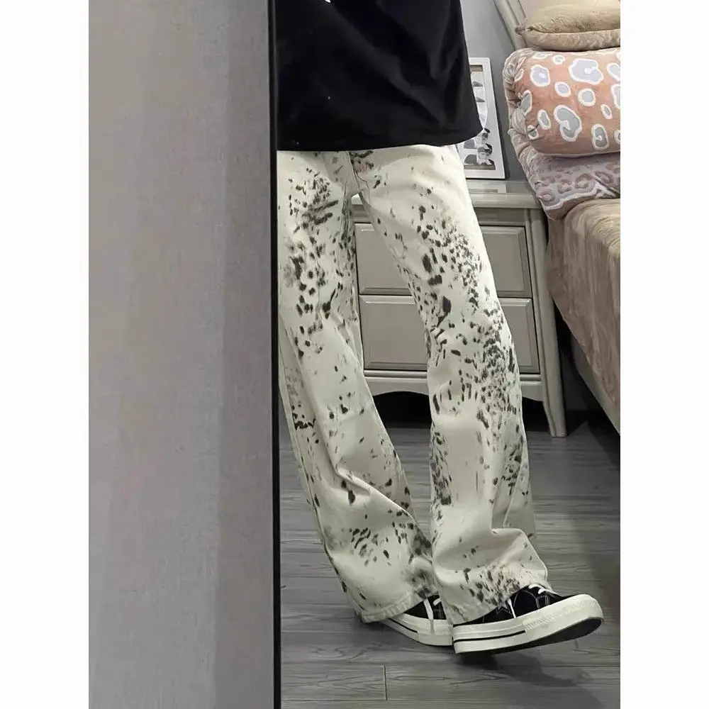

Retro White Leopard Print Wide Leg Women's Summer High Street High Waist Loose Straight Leg Casual Pants Versatile and Trendy