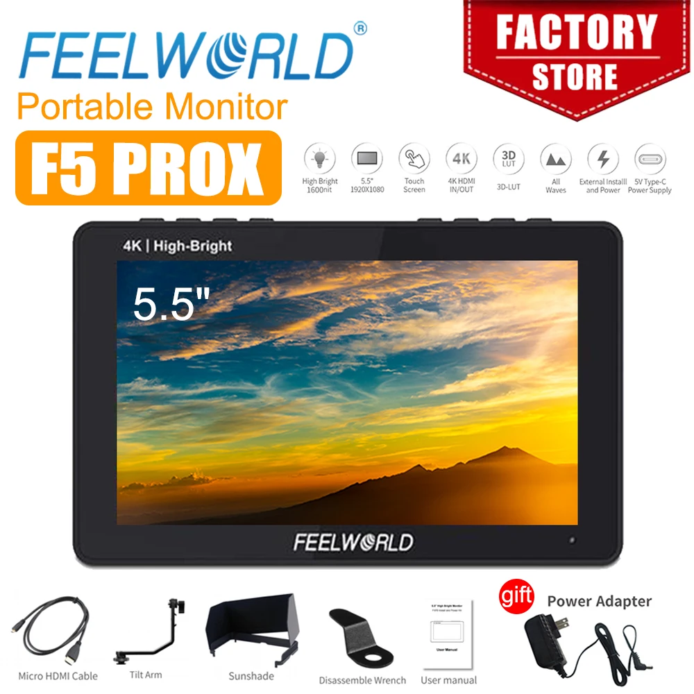 FEELWORLD F5 PROX 5.5 Inch 1600nit High Bright Touch Screen DSLR Camera Field Monitor 4K HDMI F970 Install and Power Kit