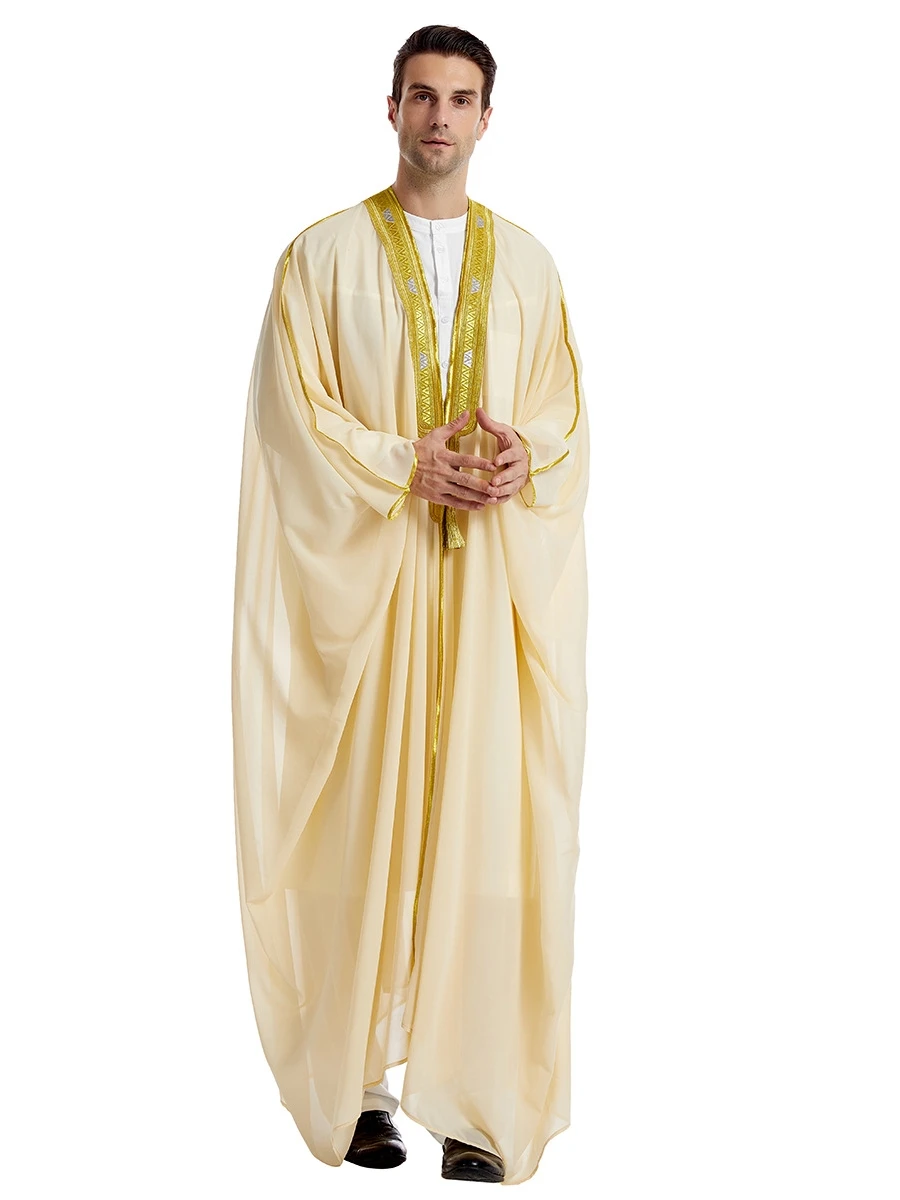 Summer Men\'s Long Sleeve Loose Large Size Golden Outerwear Gown Thin Dubai Robe Middle East Clothing