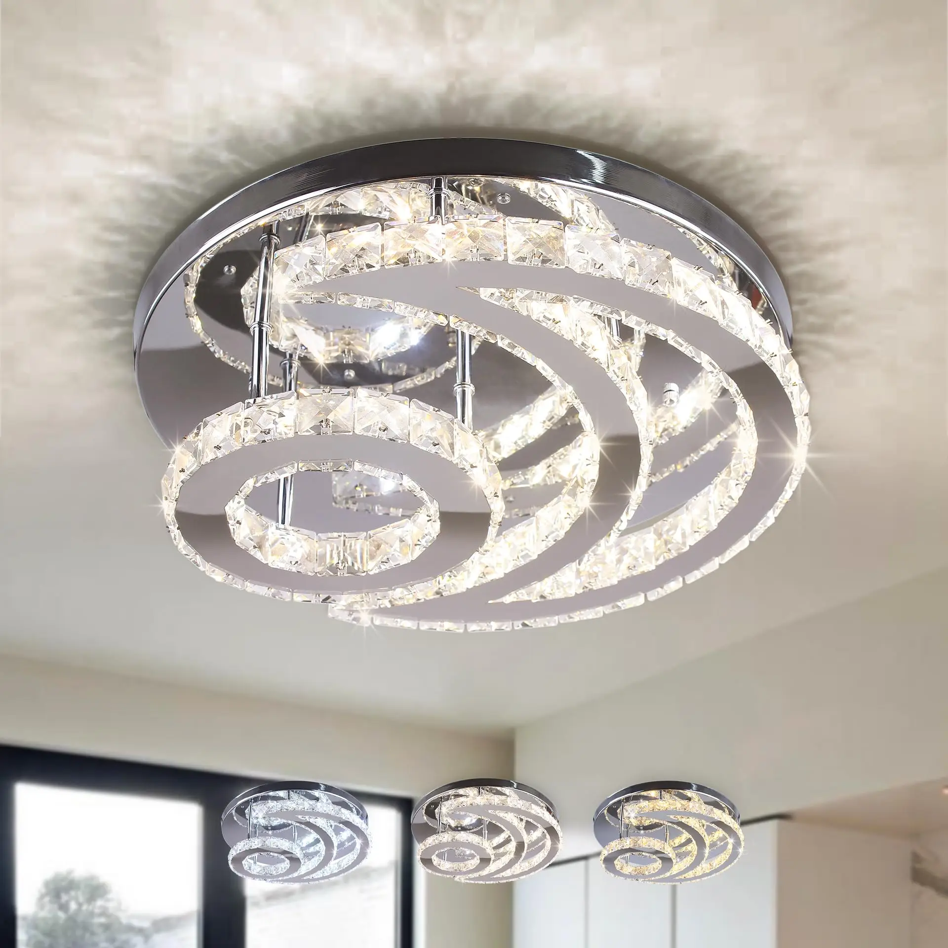 

Crystal Ceiling Light Luxury Living Room, Modern LED Ceiling Lamp Dimmable Bedroom Light, Round Crystal Lighting Kitchen Hall