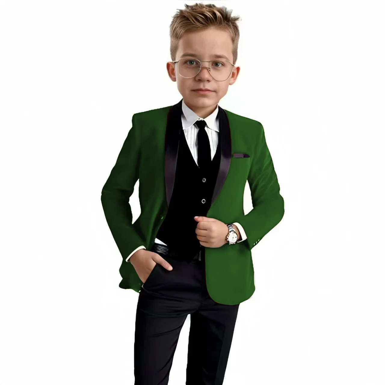 

Classic Boys' Suit Set British Style for Boys Satin Lapel Blazer Vest Pants 3 Pieces Slim Fit Suit Wedding Party Velvet Tuxedo