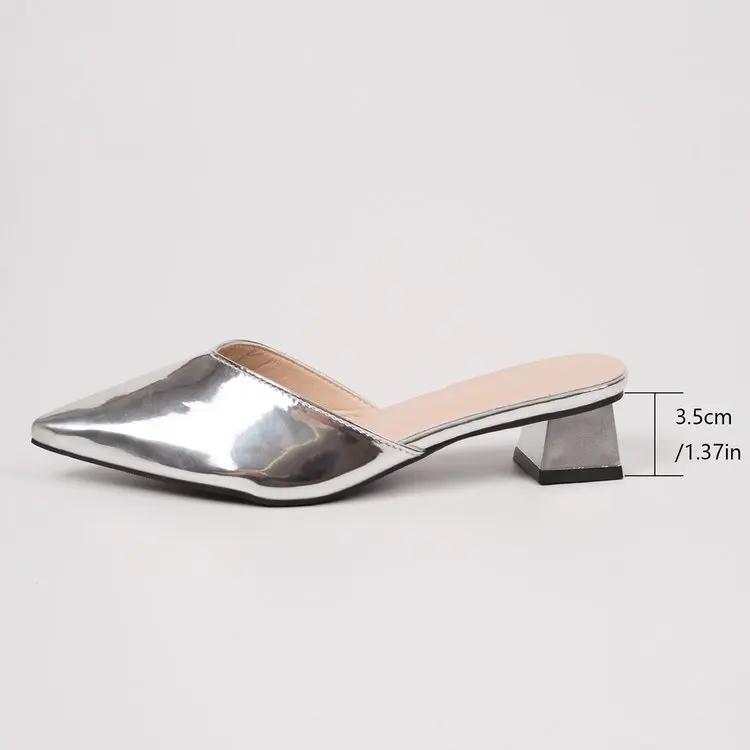 Spitze Damen-Mules, Modische Gold- und Silber-Sandalen, Elegante Kleider-Sandalen mit Quadratischem Niedrigem Absatz, Slip-On Schuhe für Damen – Detail 14