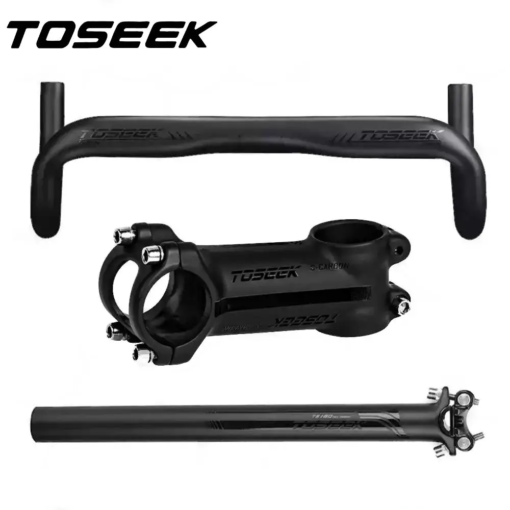 

TOSEEK Black Matte Carbon Fiber Bike Road Handlebar Sets Handlebars Stem SeatPost For Cycling Road Bicycle Parts