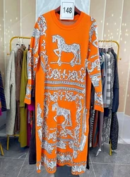 Horse Orange Luxury Brand Design Knit Long Sweater Dress For Women 2024 Vestidos Elegantes Pullover Skirt Knitwear Clothing