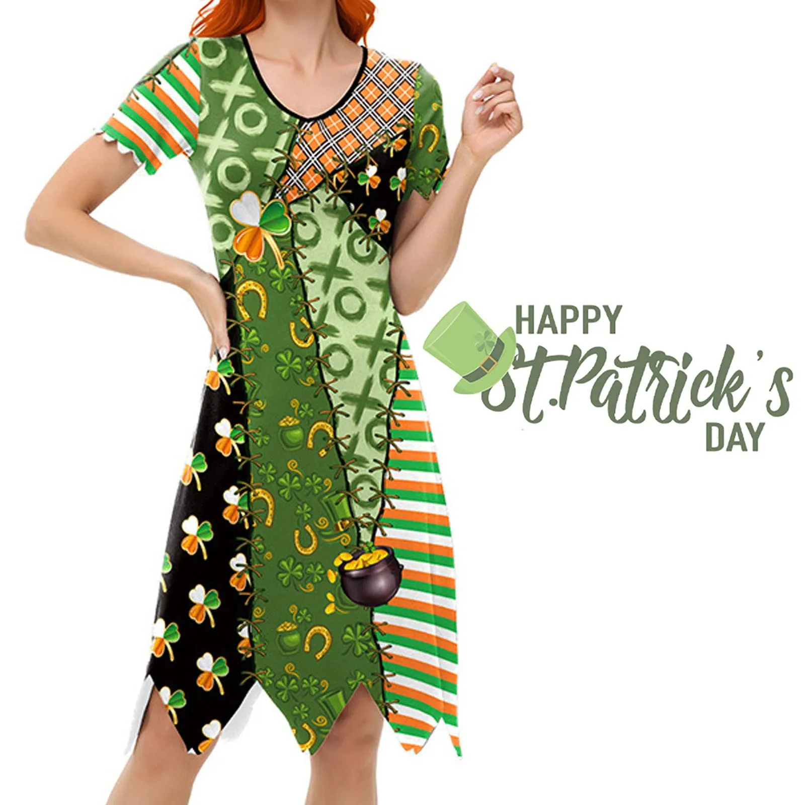 2025 New Arrivals Women's Leaf Printed Irish Festival Dress Cosplay St Patrick's Day Green Clover Costume V Neck Irregular Dress