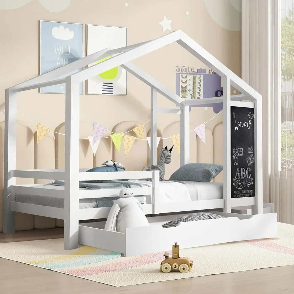 Cama de casa doble con cajones, marco de cama con plataforma para niños con pizarra, camas de casa Montessori con listones y techo para adolescentes