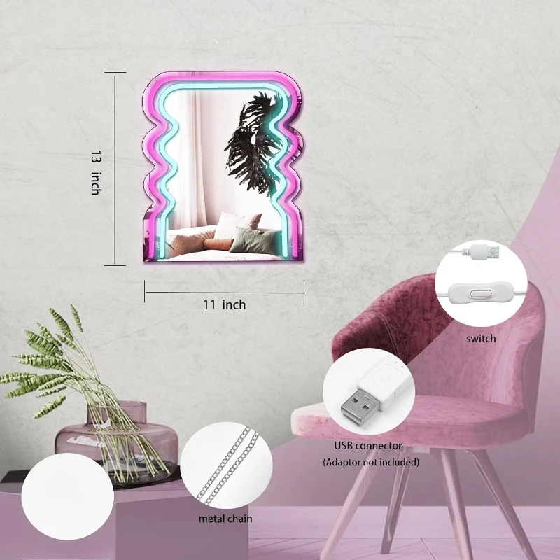 Archway Wave Neon Sign Mirror for Wall Decor 3D Art Neon Light LED Lights Wall Mirrors,Makeup Mirror with Lights for Women Gift