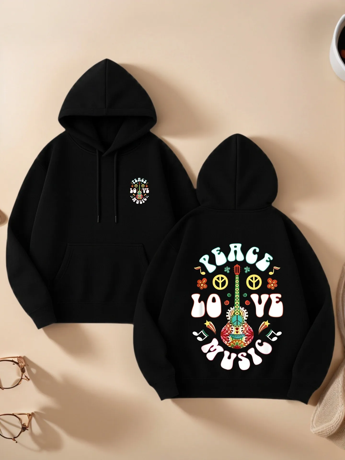 

Женская толстовка с рисунком, музыкальный принт Peace Love, эстетический дизайн, мягкая ткань, повседневная повседневная одежда, для подростков