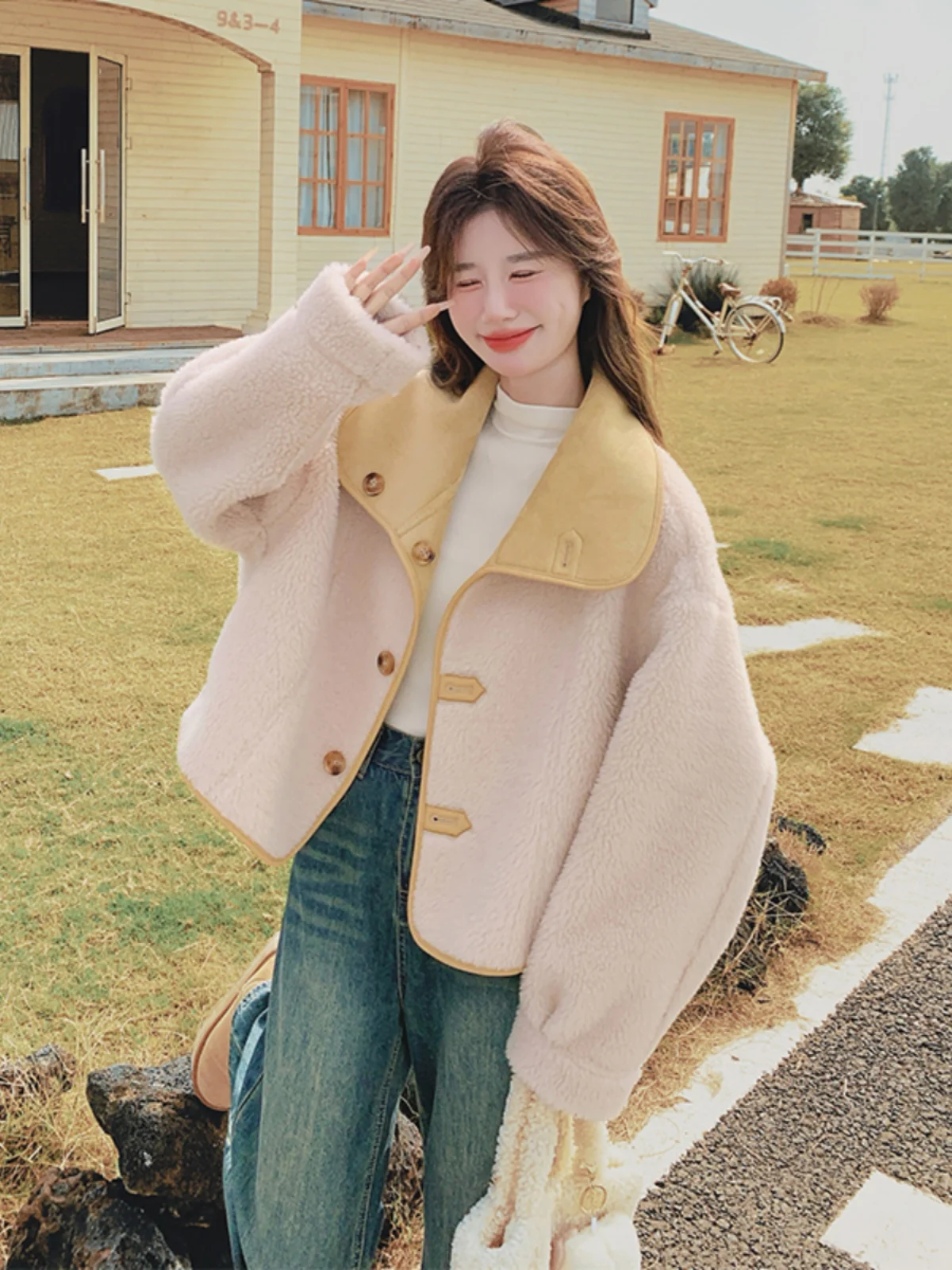 Double-Sided Wear Yellow Lamb Fur Jaet Women's ort Thiened Autumn Winter New Sle Super Beautiful Leather Fur Inteat...