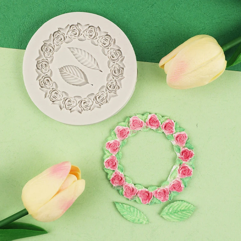 3D Rose Wreath Leafs Silicone Mold Fondant Chocolate Sugarcraft Cake Decor Baking Tool Flower Mould Wedding Anniversary Party