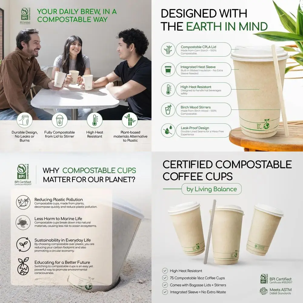 

16 oz Compostable Cups with Lids - 75 Pack, Leak-Proof, BPA-Free, CPLA Certified, for Hot & Cold Beverages