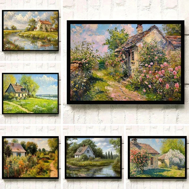 new Retro Spring Garden Romantic Cabin Oil Painting Art Poster Canvas Printing Living Room Bedroom Home Gallery ation Framel