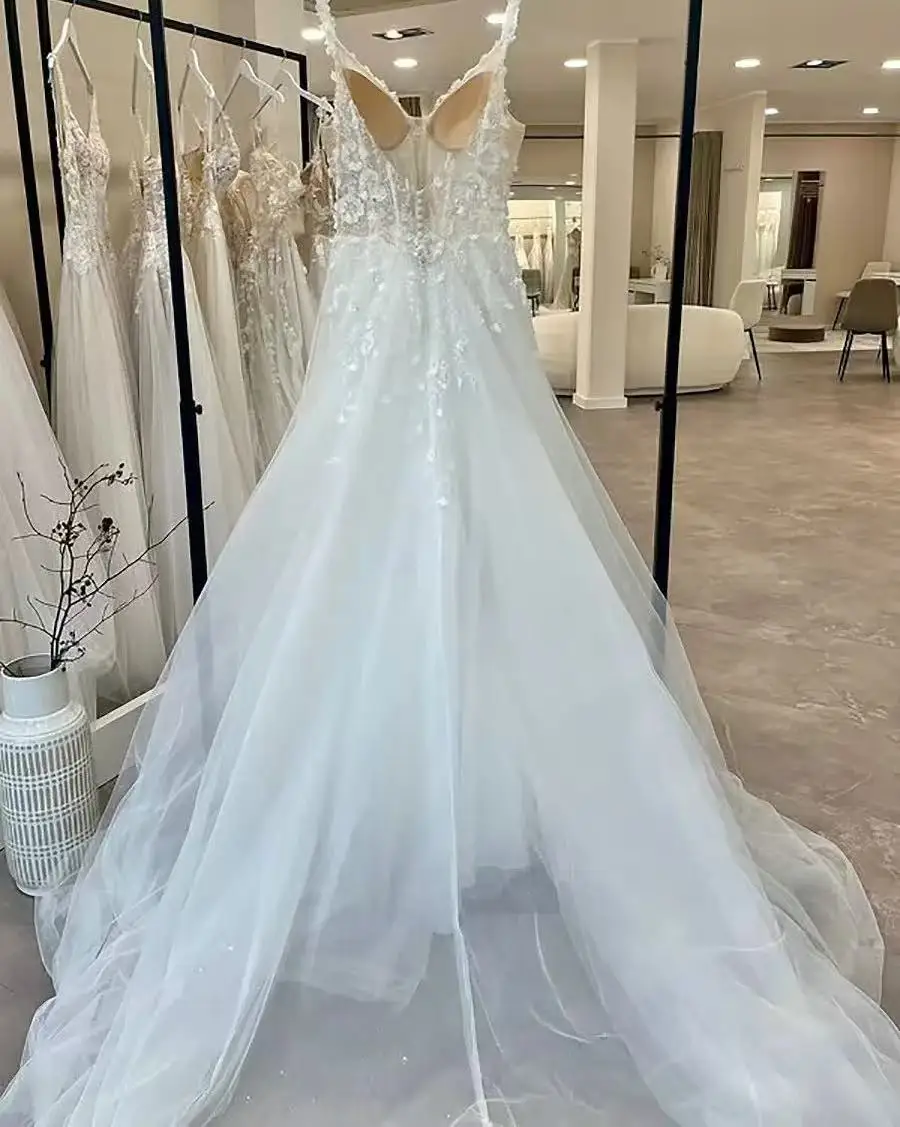 Lakshmigown ilusão 3d floral renda a linha vestidos de casamento 2025 novas alças espaguete sem mangas país vestidos de noiva personalizados