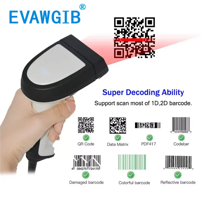 

EVAWGIB 2D Scanner Wired Barcode Scanner Bar code reader QR Handheld High-end Barcode Reader QR Code PDF Industry code reader