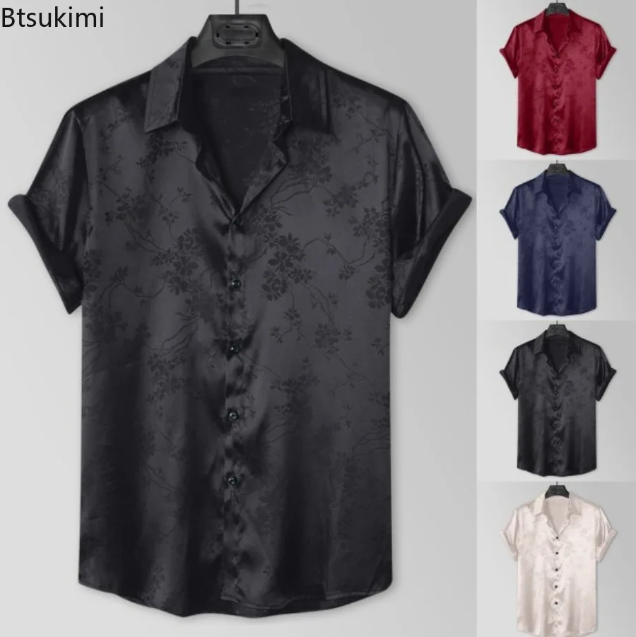 Jacquard de manga curta masculina, Monocromática, Luxo, Estampa floral, Casual, Social, Simples, Versátil, Moda, Novo, 2022