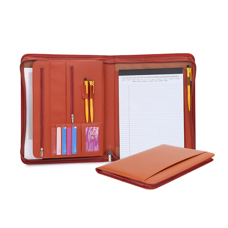 

Multifunctional Large Man Leather Zippered Portfolio Folder for A4 Document Organizer Executive Foliios Holder Briefcase Office