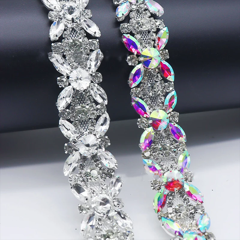 

CUIER 1 Yard Colorful Sparkly Glass Rhinestone Hand-Sewn Flower Chain Dress Applique DIY Decorative Jewelry Accessories