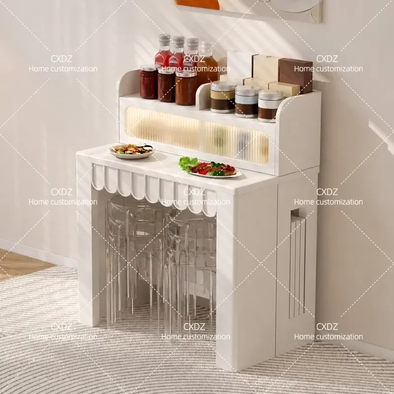 Cream style household folding dining table and chair combination small apartment multi-function retractable side cabinet