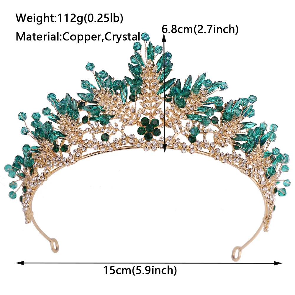 Green Crystal Crown Gold Color Tiaras and Crowns for Women Accessories Rhinestone Hair Jewelry Party  Headpiece Bridesmaids Gift