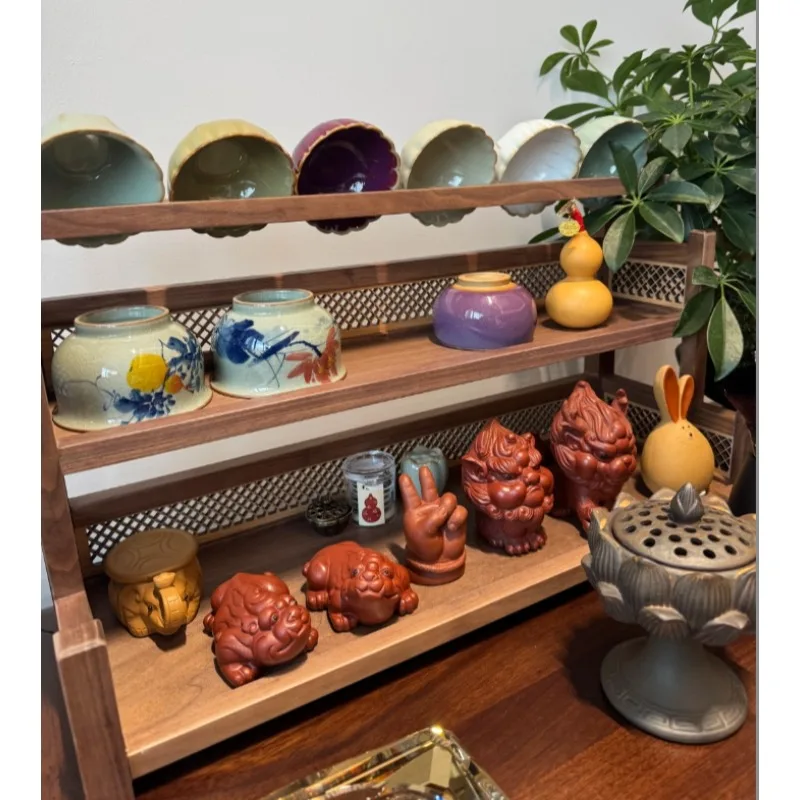 New Chinese Style Black Walnut Solid Wood Tea Set, Purple Clay Teapot Storage Rack, Thickened Desktop for Placing Ornaments