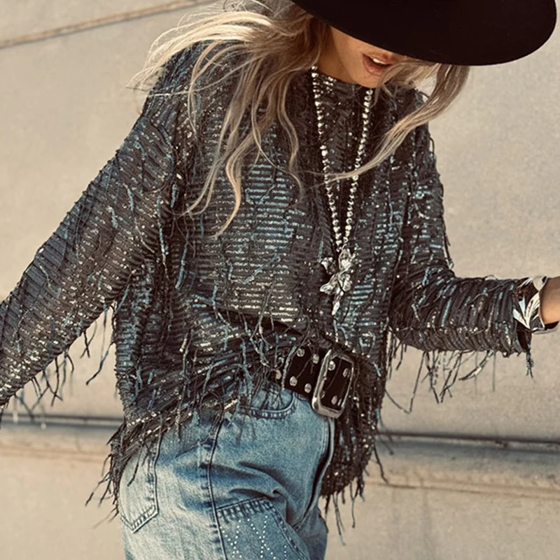 Casual Streetwear สีทึบพู่เสื้อ Elegant Vintage ฤดูใบไม้ร่วงหลวม Top เซ็กซี่ผู้หญิง O คอยาวแขนยาวเสื้อยืด