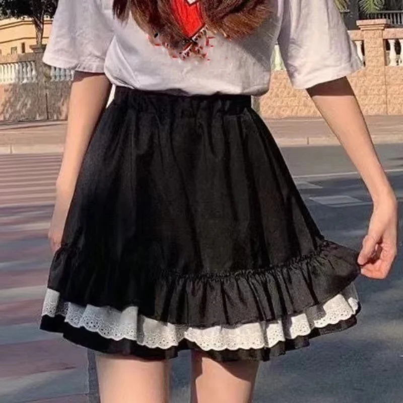 Faldas de pastel combinables con retazos de encaje de verano Y2k E-girl falda acampanada de cintura alta para Mujer 2025, nuevas Faldas negras sexis para Mujer