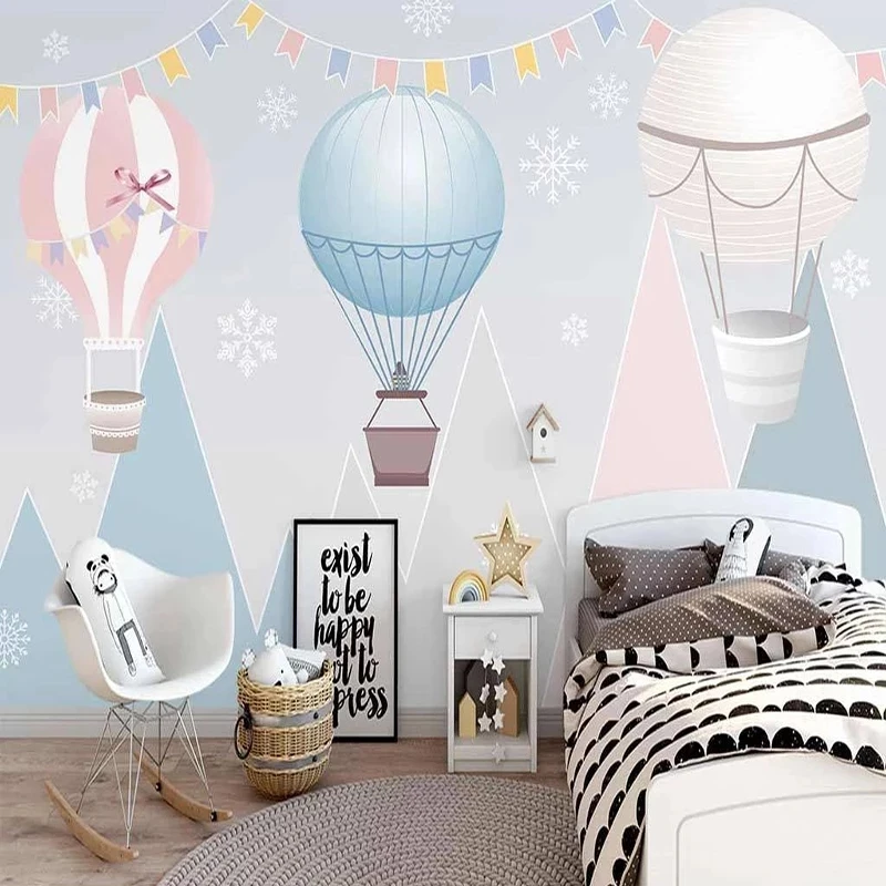 Customized Wallpaper Nordic Hand Drawn 3D Mountain Peak Hot Air Balloon Cartoon Children's Room Mural Living room TV background