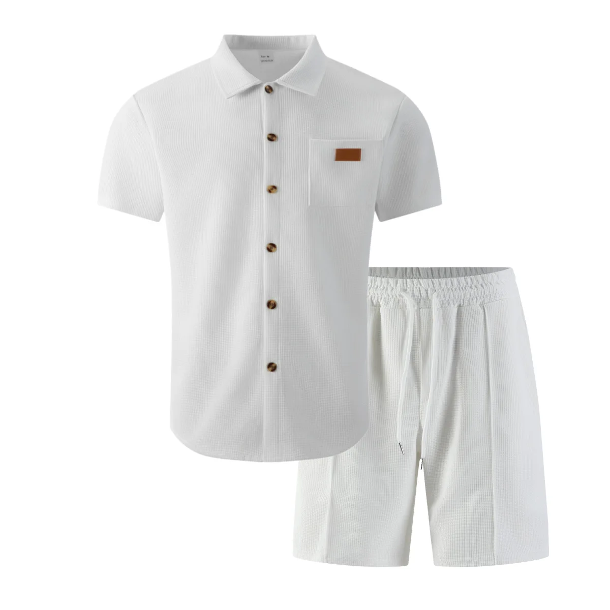 Summer New Men Waffle Knit Polo Solid Color Lapel Short Sleeve Cardigan Shirt Pocket Shorts Set Casual 2 Piece Outfit For Male