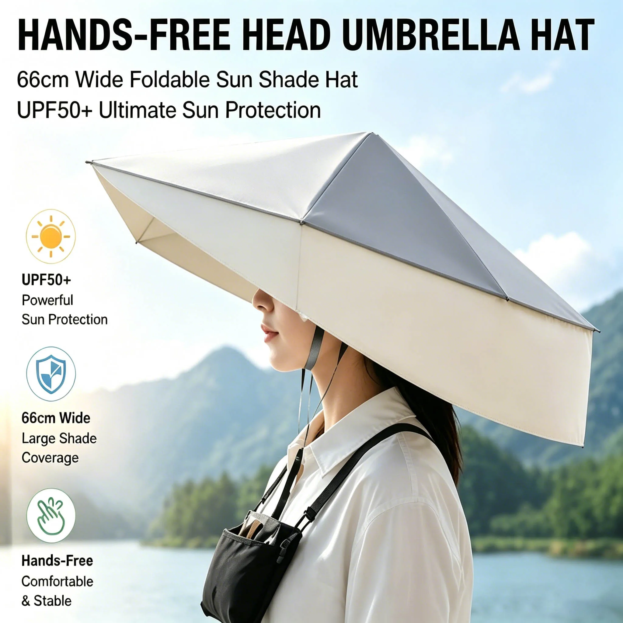 UPF50+ Faltbarer Freihändiger Kopf-Regenschirm-Hut 66cm Breiter Faltbarer Sonnenschutzhut für Angeln, Gartenarbeit, Fotografie, Landwirtschaft, Pflücken