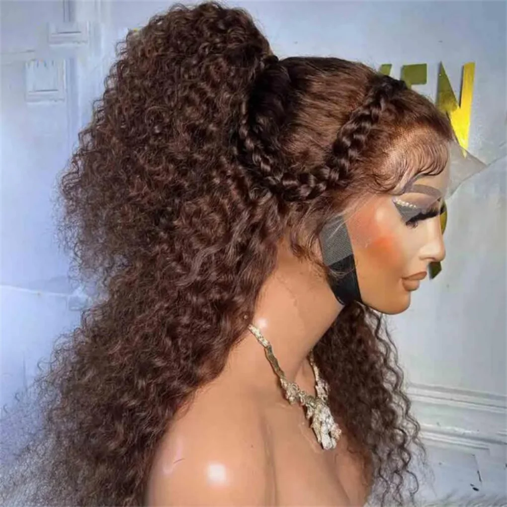 Dake Brown Soft 24 Inch Long 180 Density Kinky Curly Hair Wig HD Lace Front Wig Suitable With Baby Hair For Women Heat-Resistant Preplucked Glueless Synthetic Daily Use Wig