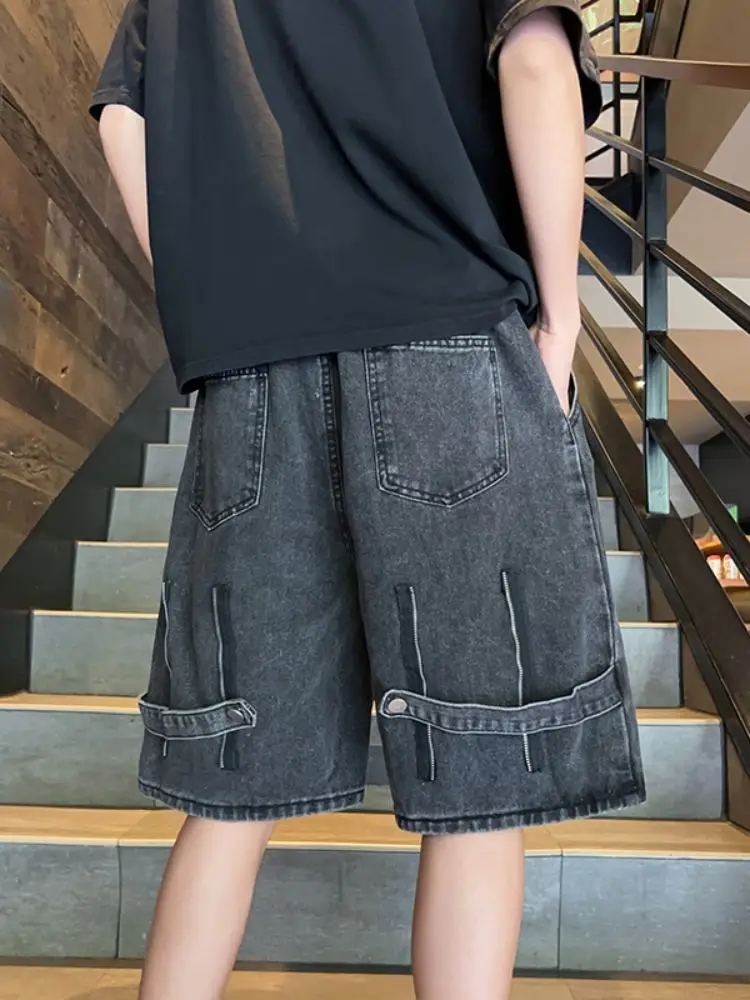 

Retro Distred Men's Denim orts Summer Five-Quarter Straight Loose Fit American High Street Design Youth Wear Thin Denim