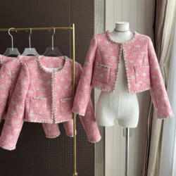 Runway Design Autumn Spring Pink Tweed Jacket Coat Fashion Women O Neck Sequin Woolen Weave Tassel Pocket Short Cardigan Outwear