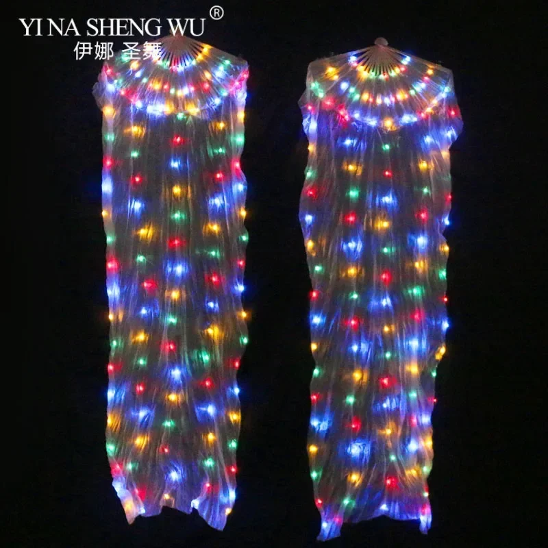 1 قطعة اليمين/اليسار الرقص الشرقي Led الحرير المشجعين 100% الحرير 180x90 سنتيمتر الأبيض قوس قزح الرقص LED المشجعين مرحلة الأداء الدعائم مع بطاريات