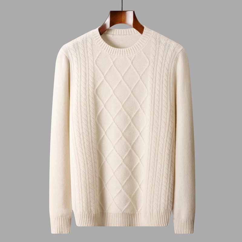 CHICUU Men's 100% Cashmere Sweater Thick O-neck Pullover Rhombus Knit Autumn Winter Cashmere Knitwear Smart Casual Soft Clothes