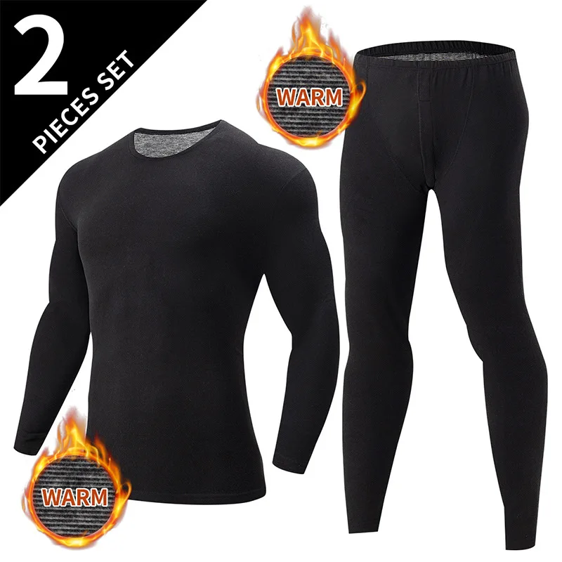 2-piece Mens Solid Color Round Neck Thermal Underwears Set Males Autumn Winter Simple And Comfortable Slim Fit Sports Warm Suits