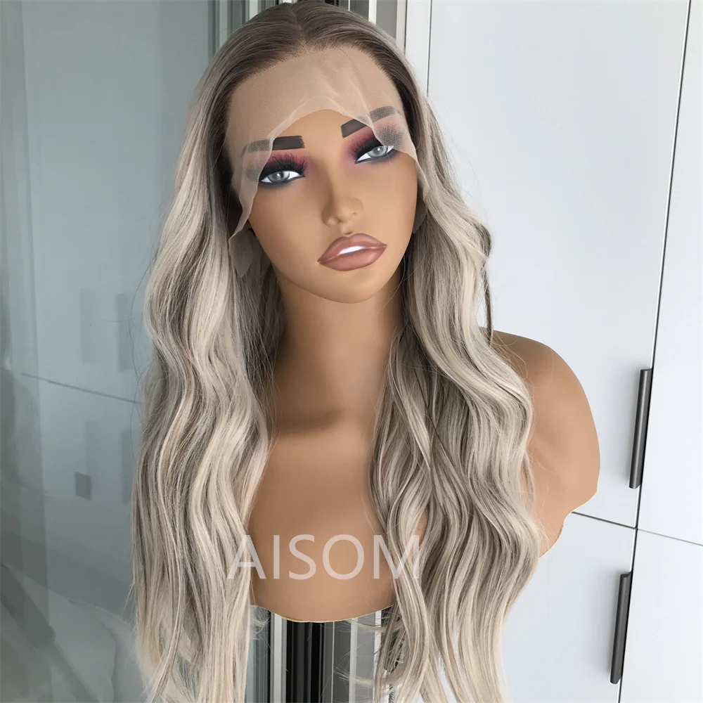 Highlight Ash Platinum Blonde Body Wave Synthetic Lace Front Wig for Women Long Wavy Pre Plucked Heat Resistant Fiber Wig Daily