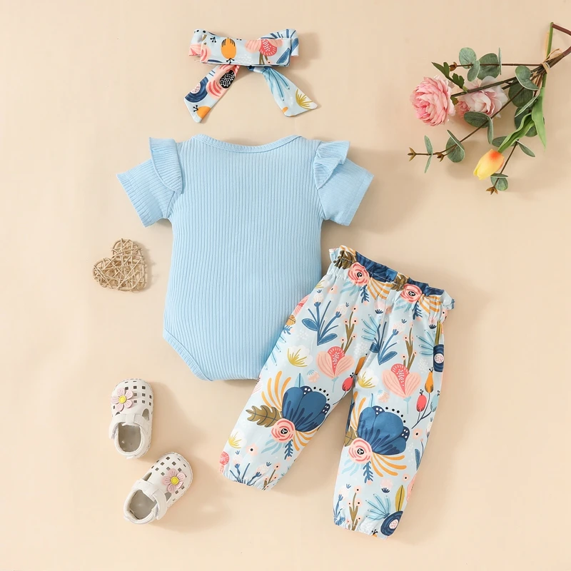 

Baby Girls Summer Outfit Letter Print Short Sleeves Romper and Floral Pants Headband 3 Piece Set