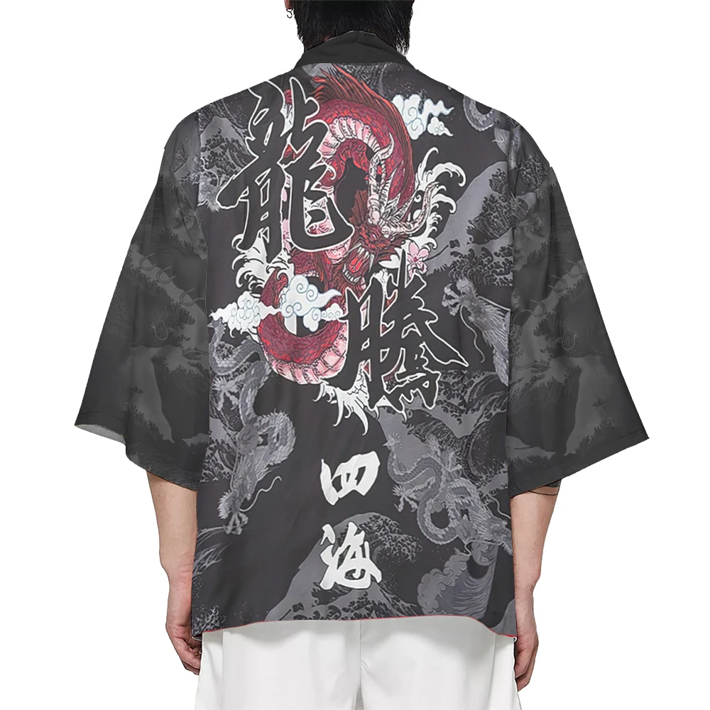 Kimono estampado dragão para homens e mulheres, estilo japonês, gráfico tradicional carpa, yukata, cardigã harajuku fashion, haori solto, chinês