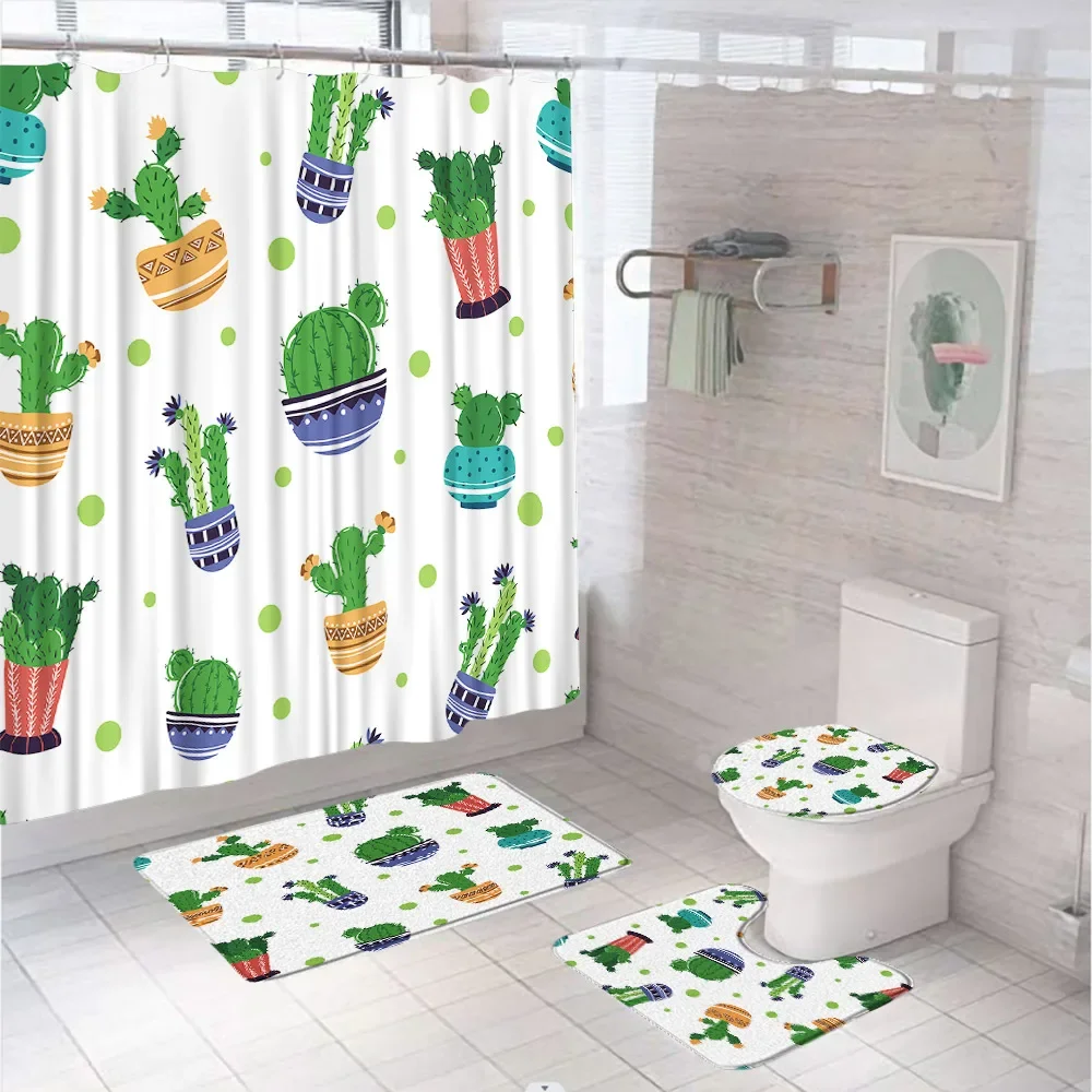 Green Watercolor Cactus Bathroom Sets Shower Curtain Non-Slip Rug Bath Mat Toilet Cover Tropical Plant Raindrop Bathtub Curtains