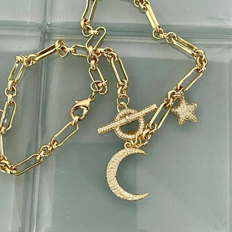 10Pcs Gold Color Multi Moon Star Charm Necklace Toggle Connector Lobster Claw Clasp Layering Jewelry Gift For Her