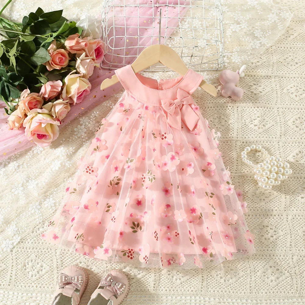 Baby Girl Dresses Summer Full Printed Flower Mesh Princess Dresses Girl Bow Wedding Flower Girl Costumes