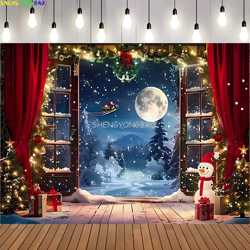 

Christmas Wreath Window Photography Backdrops Prop Happy New Year Decoration Family Holiday Party Background RR-45