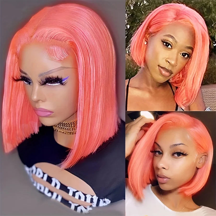 

150% Density Pink Straight Bob Lace Front Wig for Women - 13x4 Transparent Human Hair Wig