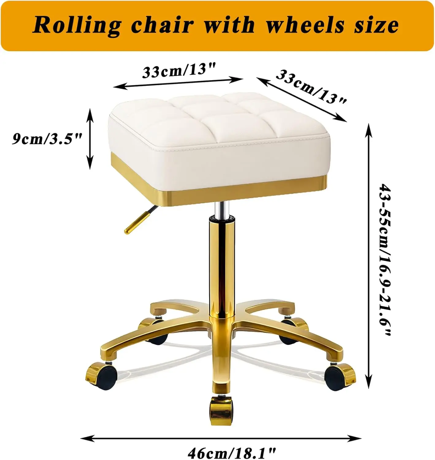 Quadratischer Roll hocker Gold verstellbare Dreh hocker mit Rädern, Eitelkeit Wimpern Nagels tudio Spa Rollstuhl, Kosmetiker Massage