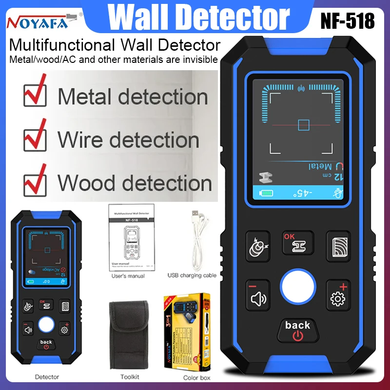 NOYAFA NF-518 Metal Detector Backlit Black AC Wood Stud Finder Cable Wires Depth Tracker Undeground Wall Scanner LCD HD Display