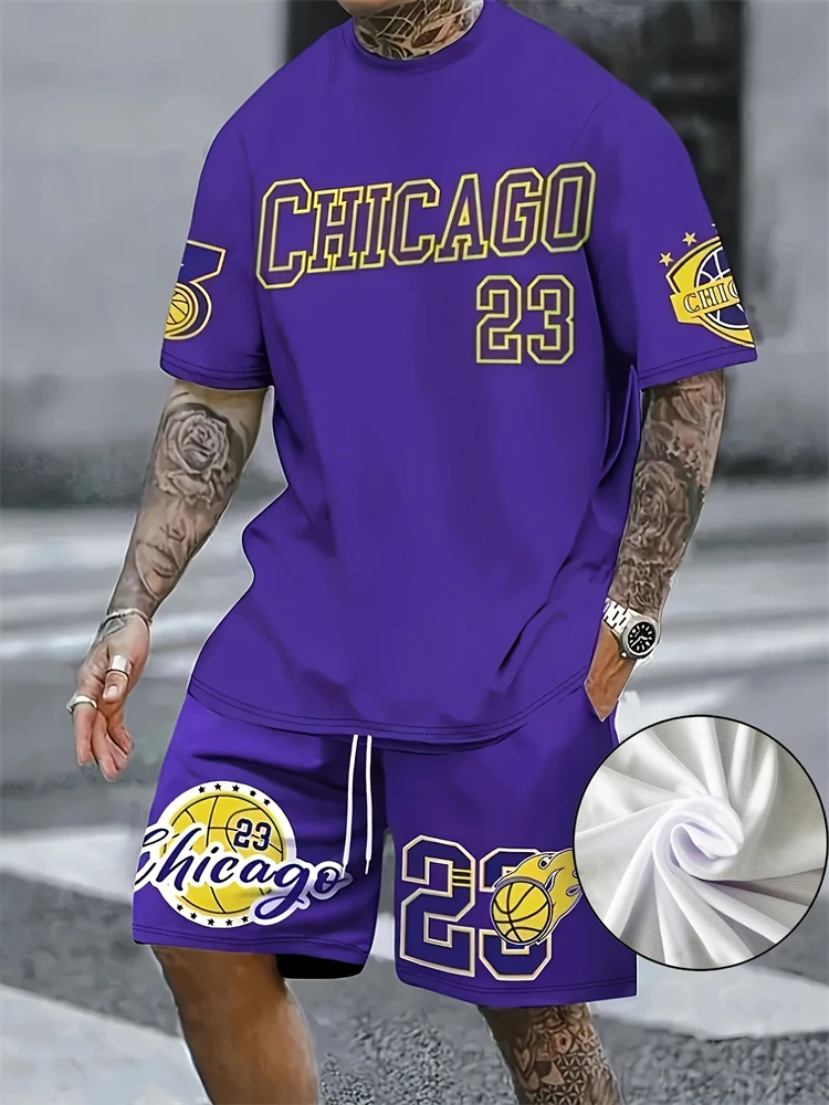 

Простой и повседневный мужской топ с круглым вырезом и повседневные шорты с 3D принтом букв, уличный уличный модный мужской комплект из 2 предметов 2XS-6XL