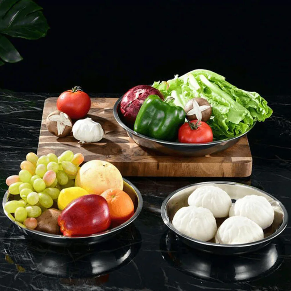 

6Pcs Large Round Bowl Stainless Steel Salad Mixing Tray Bbq Picnic Food Storage Silver Stainless Steel Plate Round Tray