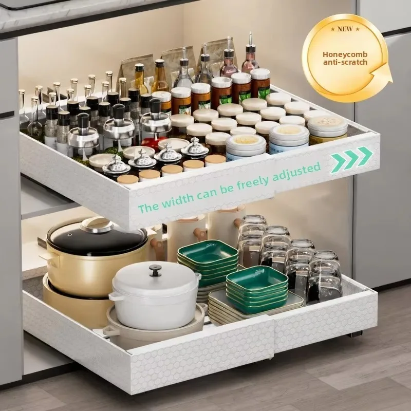 Low Profile Pull-out Cupboard Organizer, Carbon Steel Expandable Cabinet Shelf, Adjustable Width Depth, No-hole Installation